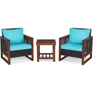 Costway 3PCS Patio Wicker Furniture Set Solid Wood Frame Cushion Sofa w/ Square Table Shelf - Turquoise/