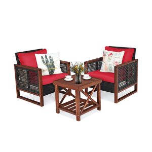 Costway 3PCS Patio Wicker Furniture Set Solid Wood Frame Cushion Sofa w/ Square Table Shelf - Red
