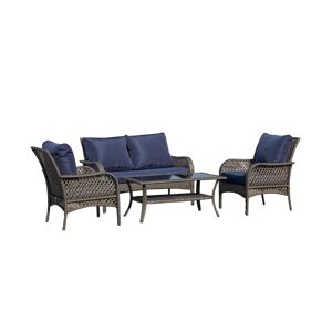 Outsunny 4-Piece Outdoor Wicker Sofa Set, Outdoor Pe Rattan Conversation Furniture with 4 Chairs & Table, Water-Fighting Material, Blue - Blue