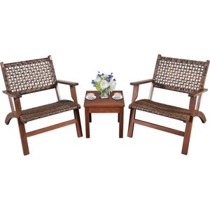Gymax 3PCS Rattan Patio Chair & Table Set Outdoor Furniture Set w/ Wooden Frame - Brown