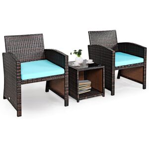 Costway 3PCS Patio Rattan Wicker Furniture Cushion Sofa Coffee Table - Turquoise/