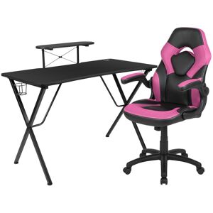 Emma+oliver Gaming Desk And Racing Chair Set With Headphone Hook, And Monitor Stand - Pink