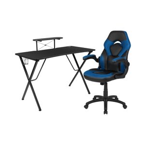 Emma+oliver Gaming Desk And Racing Chair Set With Headphone Hook, And Monitor Stand - Blue