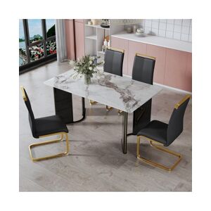 Simplie Fun Table & 4 Black Pu Chairs with Gold Legs - White