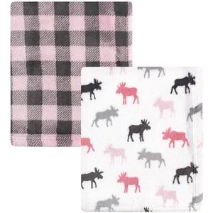 Hudson Baby Infant Girl Cozy Plush Luxury Blankets 2pk, Pink Moose, One Size, Med Pink