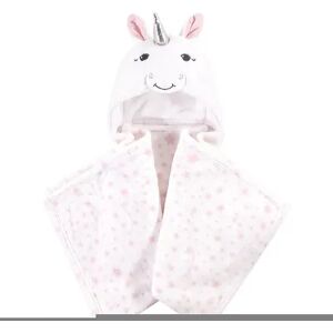 Hudson Baby Infant Girl Hooded Animal Face Plush Blanket, White Unicorn, One Size, Med Pink