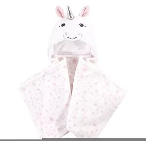 Hudson Baby Infant Girl Hooded Animal Face Plush Blanket, White Unicorn, One Size, Med Pink