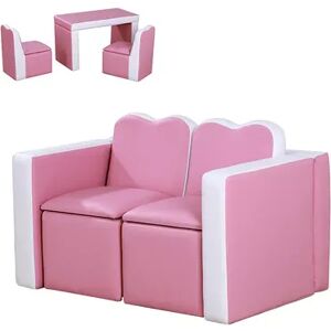 Qaba Kids Sofa Set 2 in 1 Multi Functional Toddler Table Chair Set 2 Seat Couch Storage Box Soft Sturdy Pink