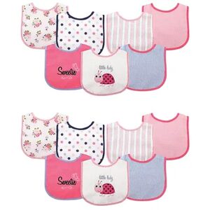 Luvable Friends Infant Girl Cotton Terry Drooler Bibs with PEVA Back, Ladybug 14-Piece, Med Pink
