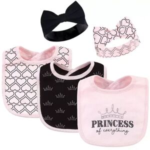 Hudson Baby Infant Girl Cotton Bib and Headband Set 5pk, Princess, One Size, Med Pink