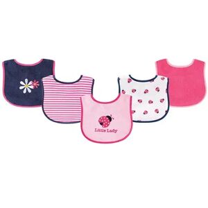 Luvable Friends Baby Girl Cotton Terry Drooler Bibs with PEVA Back 5pk, Ladybug, One Size, Med Pink