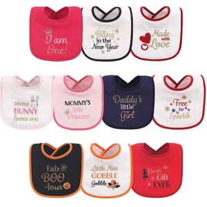 Hudson Baby Infant Girl Cotton Terry Drooler Bibs with Fiber Filling 10pk, Holiday Girl I Am One, One Size, Grey