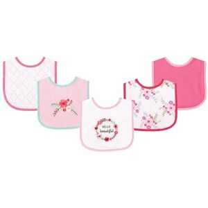 Luvable Friends Baby Girl Cotton Terry Drooler Bibs with PEVA Back 5pk, Floral, One Size, Med Pink