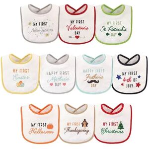 Hudson Baby Infant Cotton Terry Drooler Bibs with Fiber Filling 10pk, Neutral Holiday, White