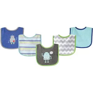 Luvable Friends Baby Boy Cotton Terry Drooler Bibs with PEVA Back 5pk, Robot, One Size, Brt Blue