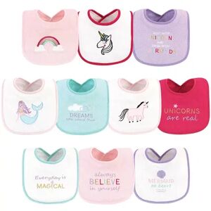 Luvable Friends Baby Girl Cotton Drooler Bibs with Fiber Filling 10pk, Unicorns And Mermaids, One Size, Med Pink