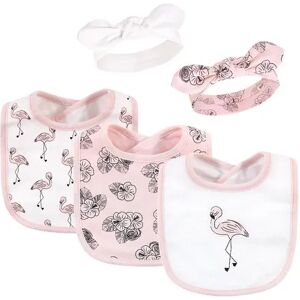 Hudson Baby Infant Girl Cotton Bib and Headband Set 5pk, Painted Flamingo, One Size, Med Pink