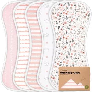 KeaBabies 5pk Organic Baby Burp Cloths, Ultra Absorbent Burp Clothes, Cute Prints Burping Cloth for Babies, Med Pink