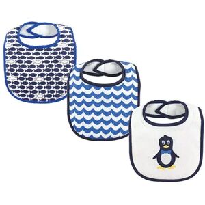 Luvable Friends Baby Boy Cotton Drooler Bibs with Fiber Filling 3pk, Mr Penguin, One Size, Brt Blue