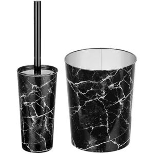 mDesign Steel/Plastic Toilet Bowl Brush 1.7 Gal Trash Can Combo - Black Marble, Grey