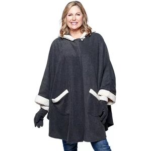 Women's Le Moda Hooded Knit Fleece Wrap with Cream Sherpa Trim and Matching Gloves, Dark Grey