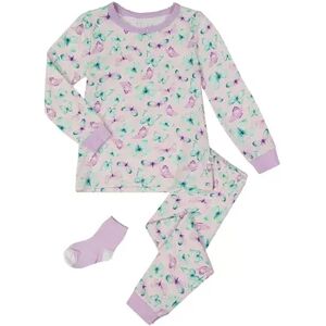 Sleep On It Infant/Toddler Girls Vibrant Butterflies Snug Fit 2-Piece Pajama Sleep Set with Matching Socks, Toddler Girl's, Size: 3T, Purple