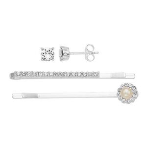 Brilliance Fine Silver Plated Crystal Stud Earring & Hair Clip Set, Women's, Size: 6 mm, White