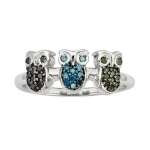 Jewelexcess Sterling Silver 1/4-ct. T.W. Green, Blue and Black Diamond Owl Ring, Women's, Size: 7, Multicolor