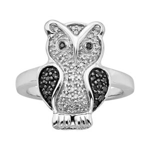 Jewelexcess Sterling Silver Two-Tone 1/4-ct. T.W. Black and White Diamond Owl Ring, Women's, Size: 6