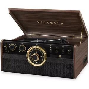 Victrola Empire 6-in-1 Wood Mid Century Modern Bluetooth Record Player with 3-Speed Turntable, CD, Cassette Player and Radio, Brown