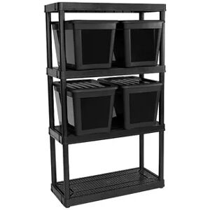 Gracious Living 4 Shelf Ventilated Garage Shelving + 4 Storage Bins & Lid, Black, Grey