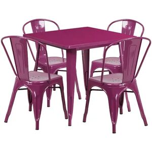 Flash Furniture Commercial-Grade Metal Indoor/Outdoor Table & Stacking Chairs 5-Piece Set, Purple