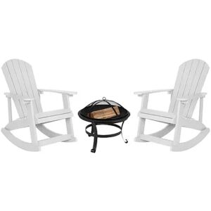 Flash Furniture Savannah Set of 2 White All-Weather Adirondack Rocking Chairs with Wood Burning Fire Pit