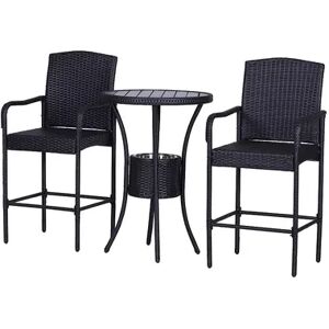 Outsunny Rattan Wicker Bar Set for 3 PCS with Ice Buckets Patio Furniture with 1 Bar Table and 2 Bar Stools for Poolside Backyard Porches, Dark Brown