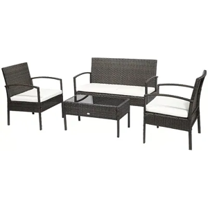 Outsunny Patio Porch Furniture Sets 4 PCS Rattan Wicker Chair w/ Table Conversation Set for YardPool or Backyard Indoor/Outdoor Use Cream White,