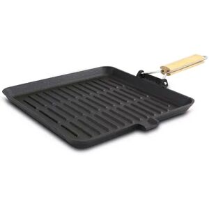 General Store Addlestone 11 Inch Pre-Seasoned Cast Iron Grill Pan with Foldable Wooden Handle, Grey