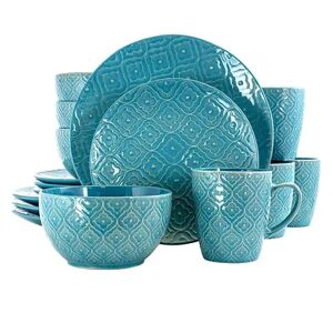 Elama Aqua Lily 16 Piece Luxurious Stoneware Dinnerware with Complete Setting for 4, Brt Blue