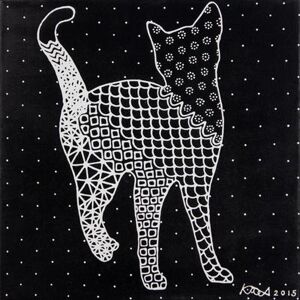 NOVICA Happy Cat,'Signed Black and White Acrylic Painting of Cat from Thailand'