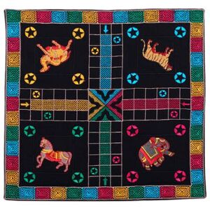 NOVICA 'Animal-Themed Embroidered Black Cotton Ludo Game from India'