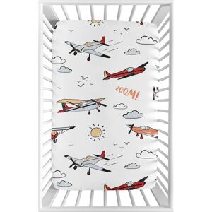 Sweet Jojo Designs Vintage Airplane Baby Boy Fitted Mini Portable Crib Sheet - Grey Yellow Orange Red White Blue Airplanes Air Plane Transportation 38.0 In. L X 24.0 In. W X 5.0 In. H