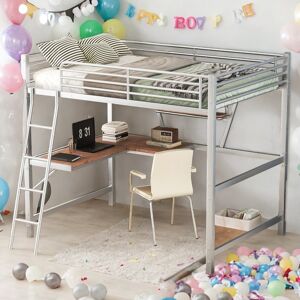 VANTOUL Industrial Modern Full Size Loft Metal & MDF Bed with Built-in Desk and Shelf, Sturdy Construction & Safety Guaranteed, Silver Full