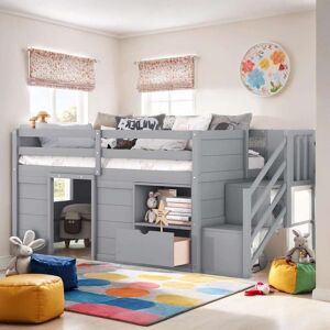 VANTOUL Twin Size Kid Low Loft Bed With Shelves, Ladder and Drawers, Grey Twin