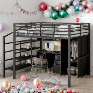VANTOUL Contemporary Full Metal Loft Bed With Table Set and Large storage Wardrobe, Sturdy Construction & Safety Guaranteed, Black Full