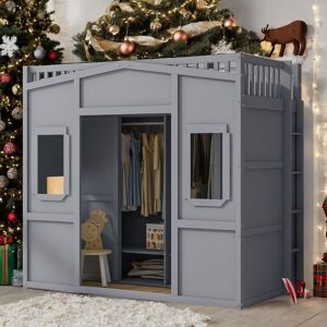 VANTOUL Elegant Twin Size House Loft Bed With Ladder and Wardrobe, Health and Comfort, Sturdy Construction & Safety Guaranteed, Grey Twin