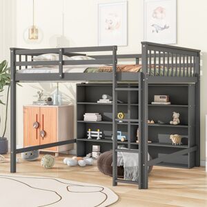VANTOUL Multifunctional Design Wood Loft Bed with 8 Open Storage Shelves and Built-in Ladder, Solid Construction Full