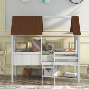 coffas Low Loft Twin House Bed with Guardrail and Two Side Windows, Sturdy Wood Frame Twin