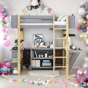 Sernadecor Twin Size Wood Loft Bed With Built-in Storage Cabinet and Cubes, Foldable desk Twin