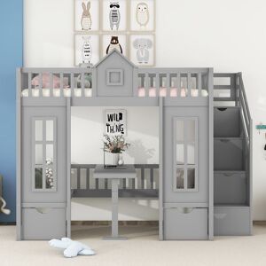 coffas Full Over Full Convertible Loft Bed with Table, Seats, and Storage Twin