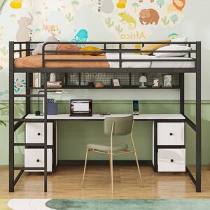 EDWINRAY Full Size Metal Loft Bed with Desk, Cabinets, Drawers and Bedside Tray, Charging Station, USB and socket Full