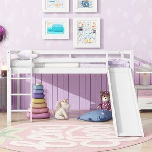 coffas Twin Low Loft Bed with Slide, Ladder, and Safety Guardrails for Kids, White Oak Rubber Wood, Under-Bed Play Space Twin